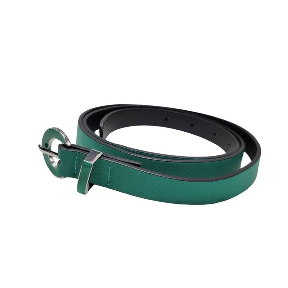 Kenneth Cole Reaction Green Leather Skinny Belt With Silver Enamel Buckle Fits 3 - Picture 3 of 7